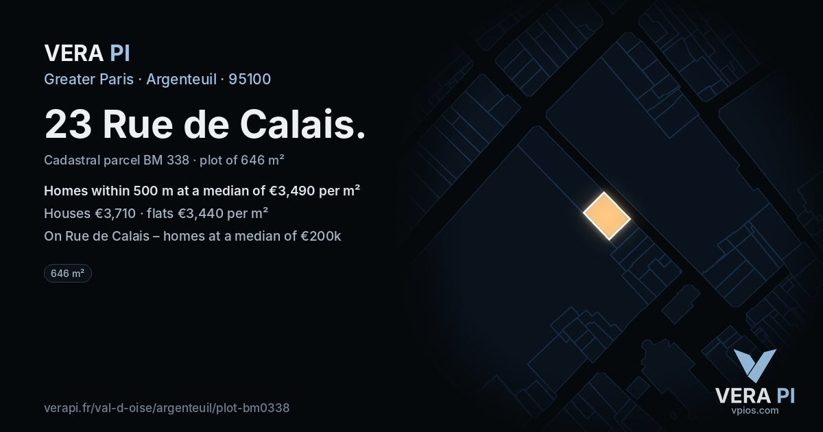 23 Rue de Calais, Argenteuil at night – the plot lit, the parcels around coloured by the prices near them