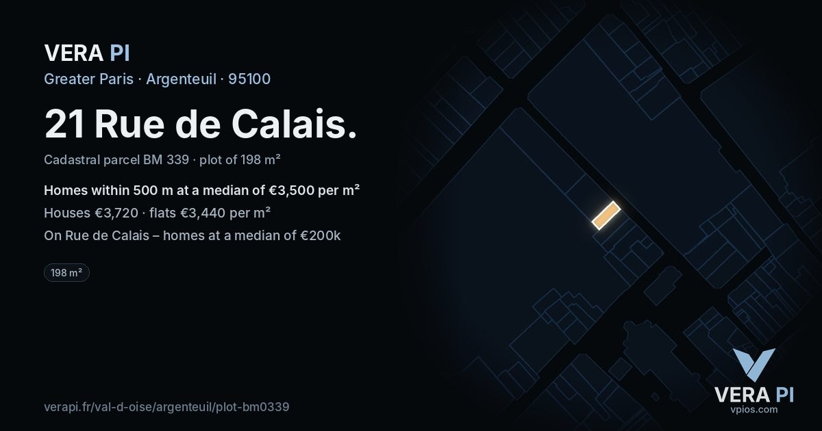 21 Rue de Calais, Argenteuil at night – the plot lit, the parcels around coloured by the prices near them