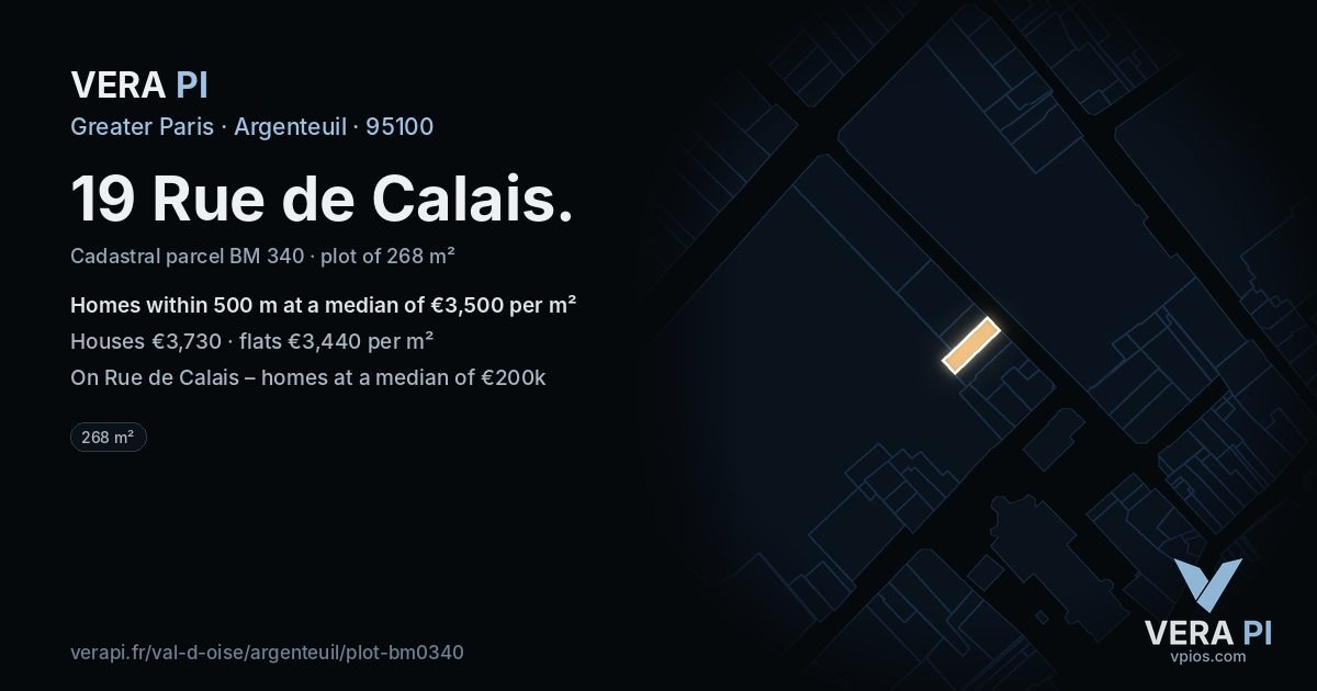 19 Rue de Calais, Argenteuil at night – the plot lit, the parcels around coloured by the prices near them