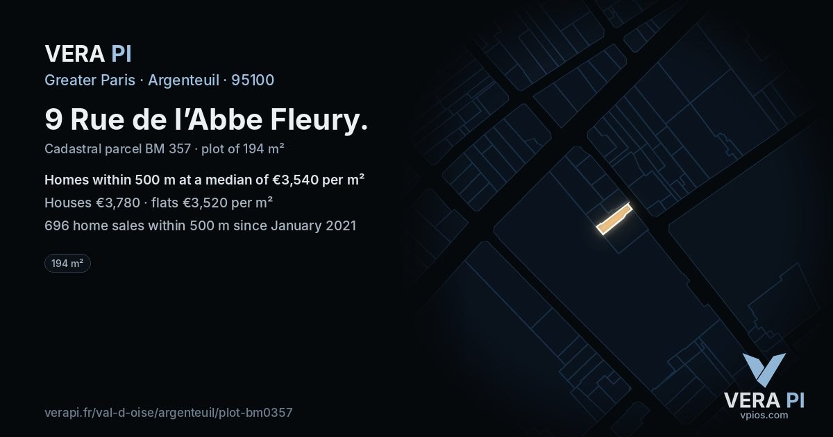 9 Rue de l’Abbe Fleury, Argenteuil at night – the plot lit, the parcels around coloured by the prices near them