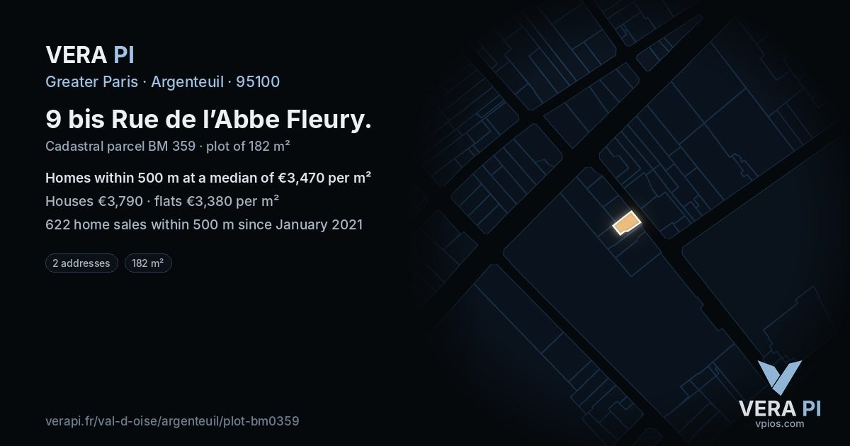 9 bis Rue de l’Abbe Fleury, Argenteuil at night – the plot lit, the parcels around coloured by the prices near them