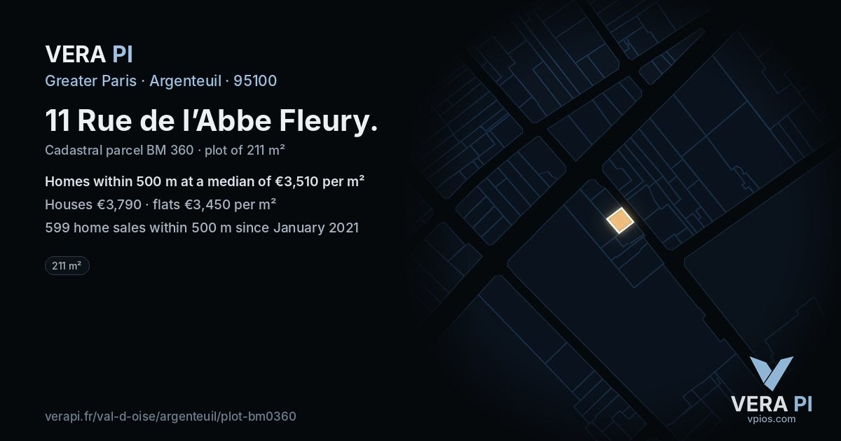 11 Rue de l’Abbe Fleury, Argenteuil at night – the plot lit, the parcels around coloured by the prices near them