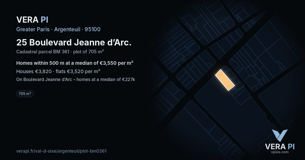 25 Boulevard Jeanne d’Arc, Argenteuil at night – the plot lit, the parcels around coloured by the prices near them