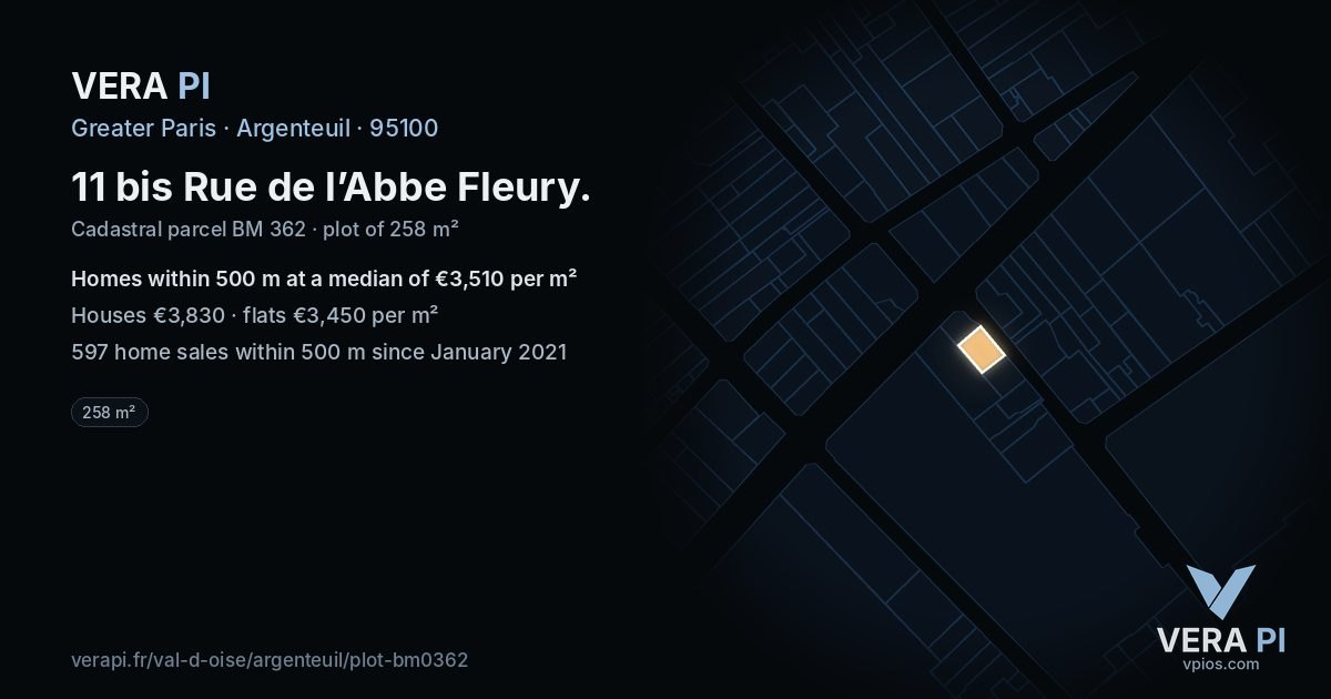 11 bis Rue de l’Abbe Fleury, Argenteuil at night – the plot lit, the parcels around coloured by the prices near them