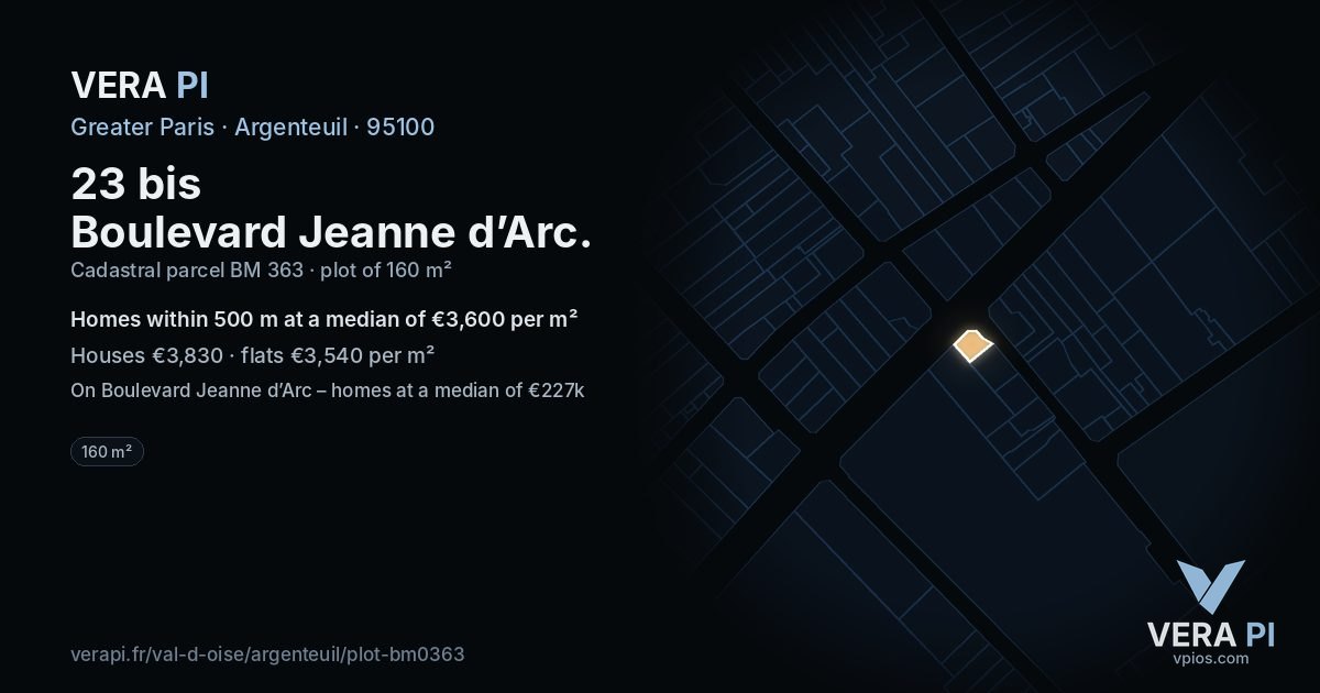 23 bis Boulevard Jeanne d’Arc, Argenteuil at night – the plot lit, the parcels around coloured by the prices near them