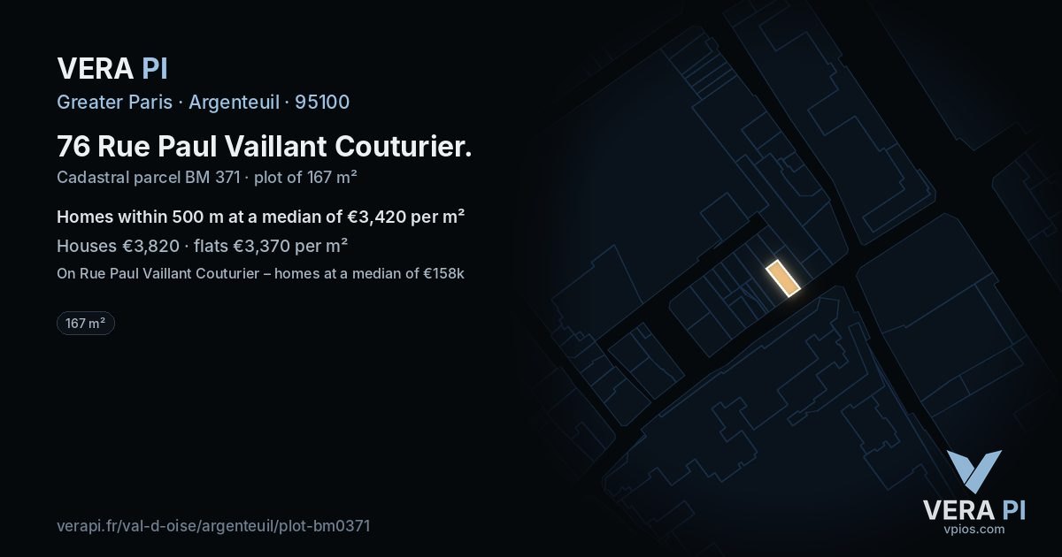 76 Rue Paul Vaillant Couturier, Argenteuil at night – the plot lit, the parcels around coloured by the prices near them