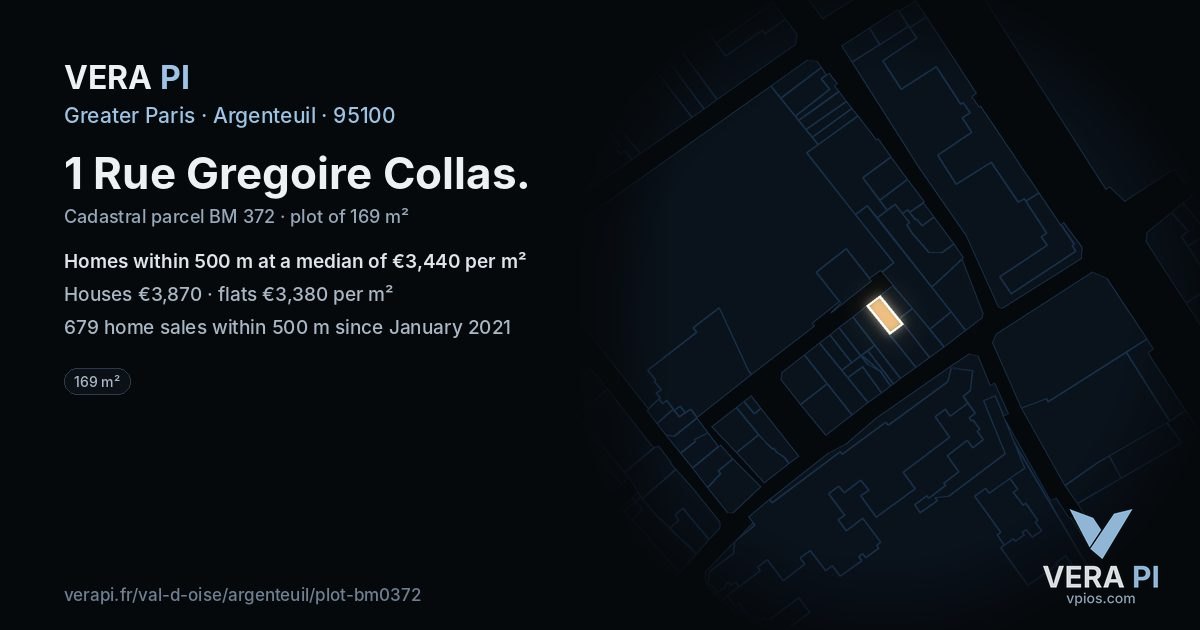 1 Rue Gregoire Collas, Argenteuil at night – the plot lit, the parcels around coloured by the prices near them