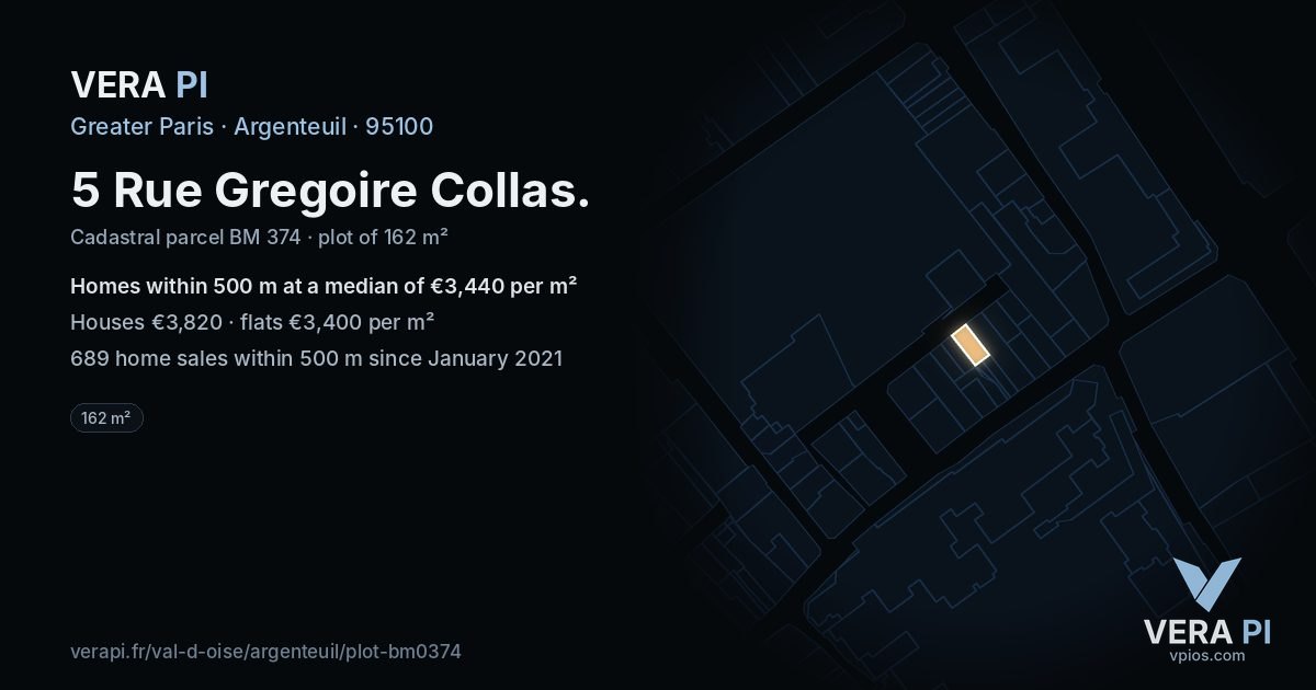 5 Rue Gregoire Collas, Argenteuil at night – the plot lit, the parcels around coloured by the prices near them