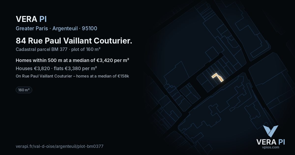 84 Rue Paul Vaillant Couturier, Argenteuil at night – the plot lit, the parcels around coloured by the prices near them