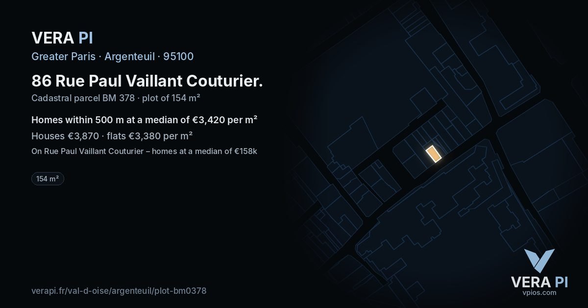 86 Rue Paul Vaillant Couturier, Argenteuil at night – the plot lit, the parcels around coloured by the prices near them