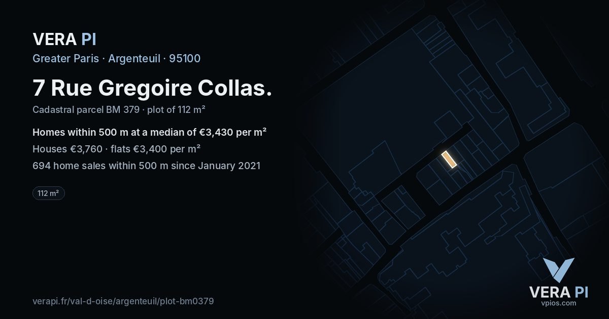 7 Rue Gregoire Collas, Argenteuil at night – the plot lit, the parcels around coloured by the prices near them