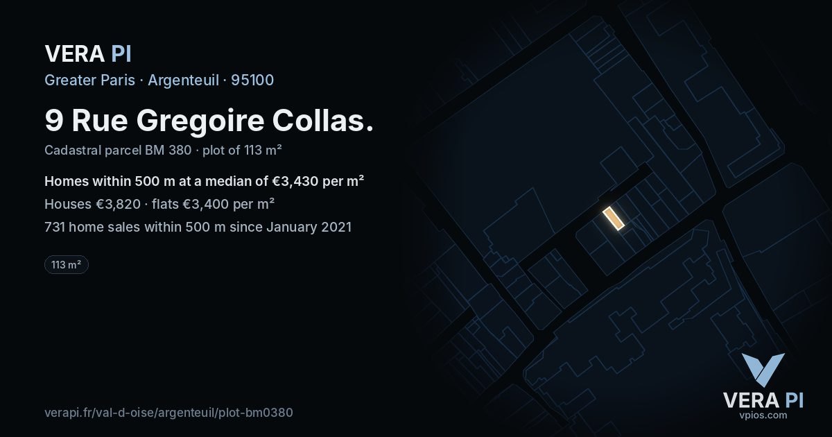 9 Rue Gregoire Collas, Argenteuil at night – the plot lit, the parcels around coloured by the prices near them