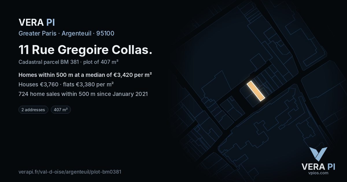 11 Rue Gregoire Collas, Argenteuil at night – the plot lit, the parcels around coloured by the prices near them