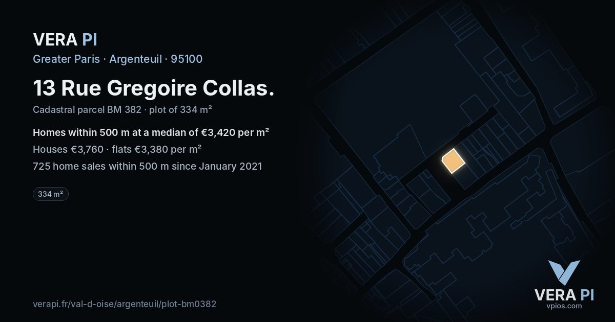 13 Rue Gregoire Collas, Argenteuil at night – the plot lit, the parcels around coloured by the prices near them