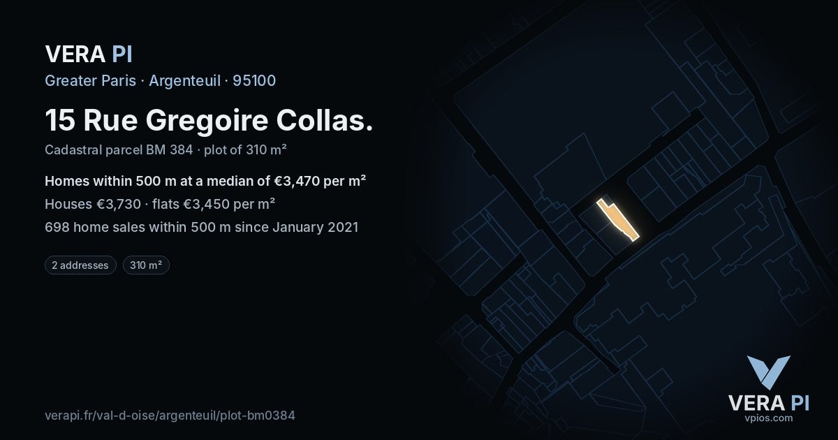 15 Rue Gregoire Collas, Argenteuil at night – the plot lit, the parcels around coloured by the prices near them