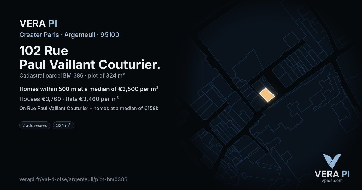 102 Rue Paul Vaillant Couturier, Argenteuil at night – the plot lit, the parcels around coloured by the prices near them