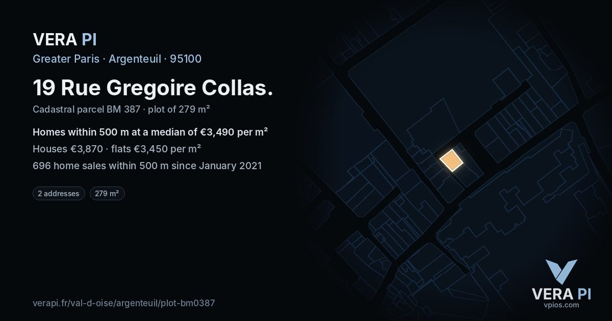 19 Rue Gregoire Collas, Argenteuil at night – the plot lit, the parcels around coloured by the prices near them