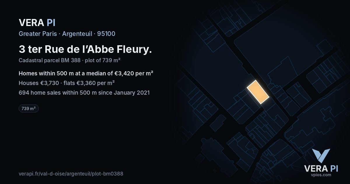 3 ter Rue de l’Abbe Fleury, Argenteuil at night – the plot lit, the parcels around coloured by the prices near them