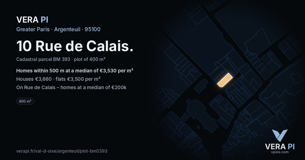 10 Rue de Calais, Argenteuil at night – the plot lit, the parcels around coloured by the prices near them