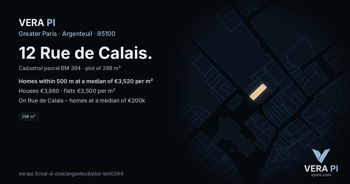 12 Rue de Calais, Argenteuil at night – the plot lit, the parcels around coloured by the prices near them