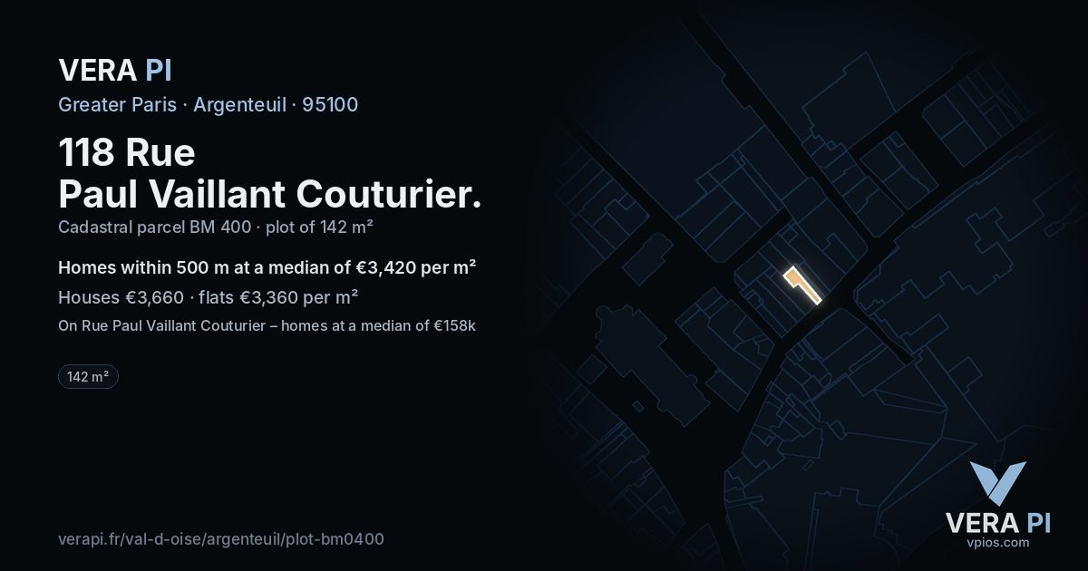 118 Rue Paul Vaillant Couturier, Argenteuil at night – the plot lit, the parcels around coloured by the prices near them