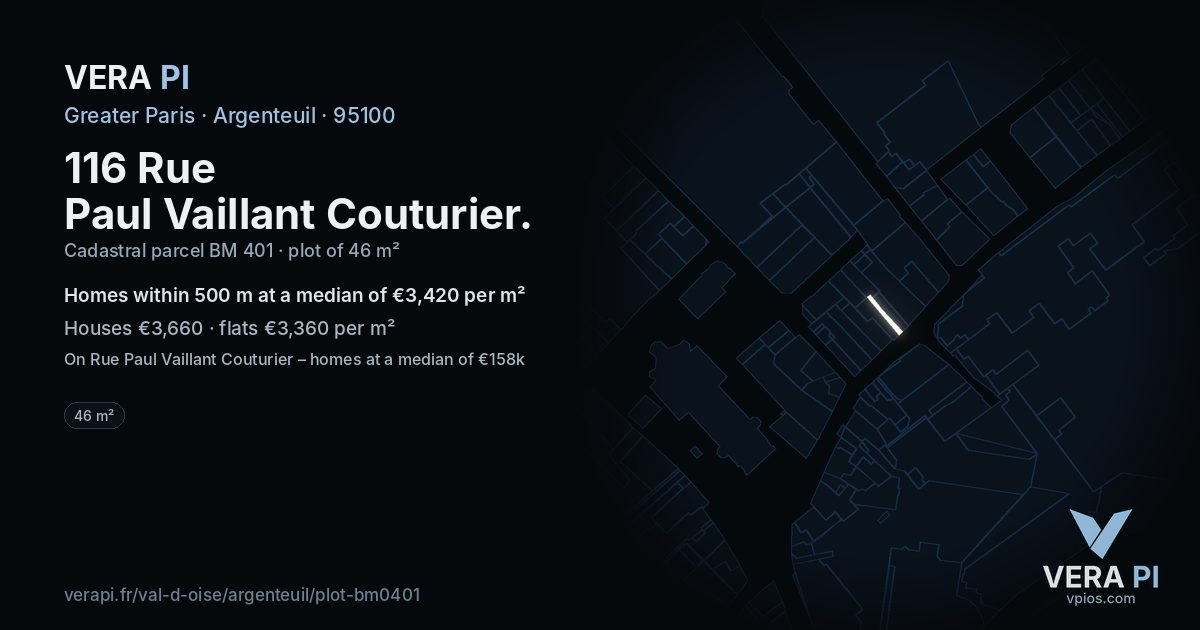116 Rue Paul Vaillant Couturier, Argenteuil at night – the plot lit, the parcels around coloured by the prices near them