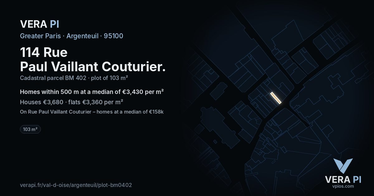 114 Rue Paul Vaillant Couturier, Argenteuil at night – the plot lit, the parcels around coloured by the prices near them