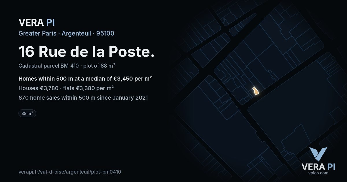 16 Rue de la Poste, Argenteuil at night – the plot lit, the parcels around coloured by the prices near them