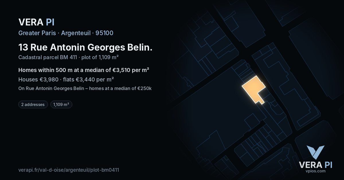 13 Rue Antonin Georges Belin, Argenteuil at night – the plot lit, the parcels around coloured by the prices near them