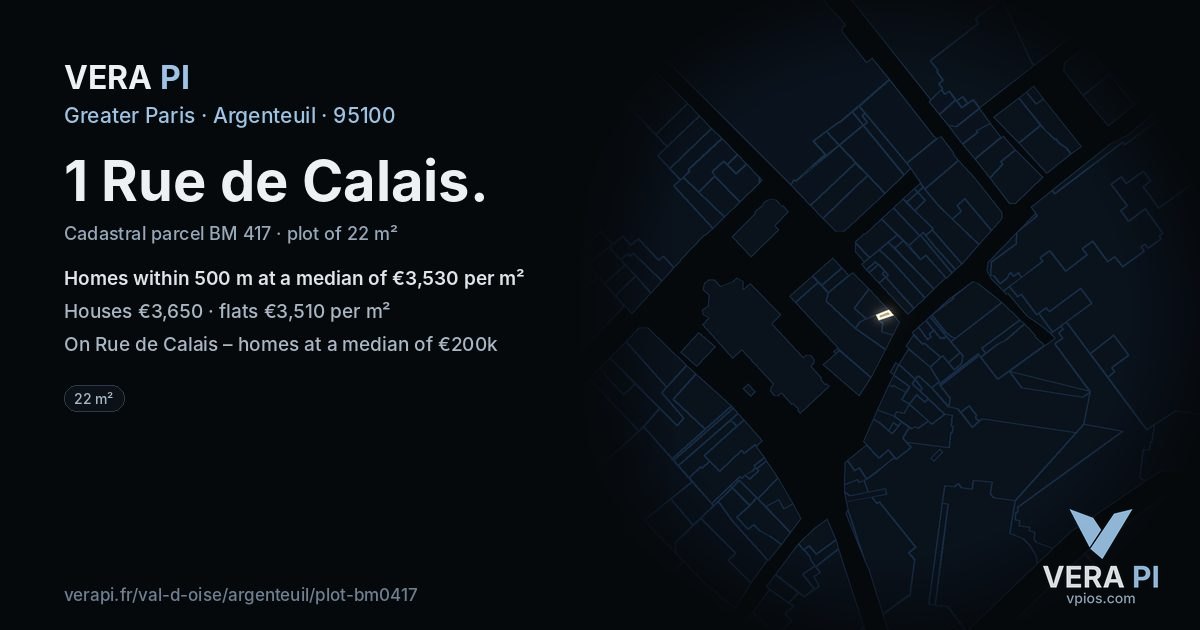 1 Rue de Calais, Argenteuil at night – the plot lit, the parcels around coloured by the prices near them