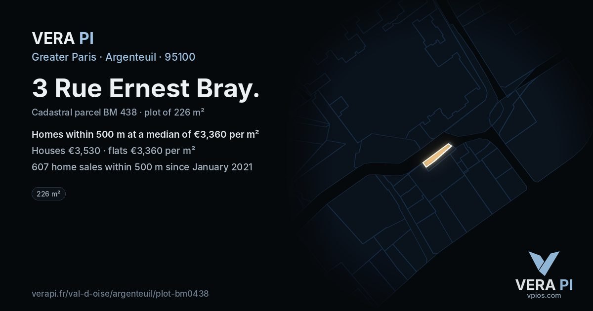 3 Rue Ernest Bray, Argenteuil at night – the plot lit, the parcels around coloured by the prices near them