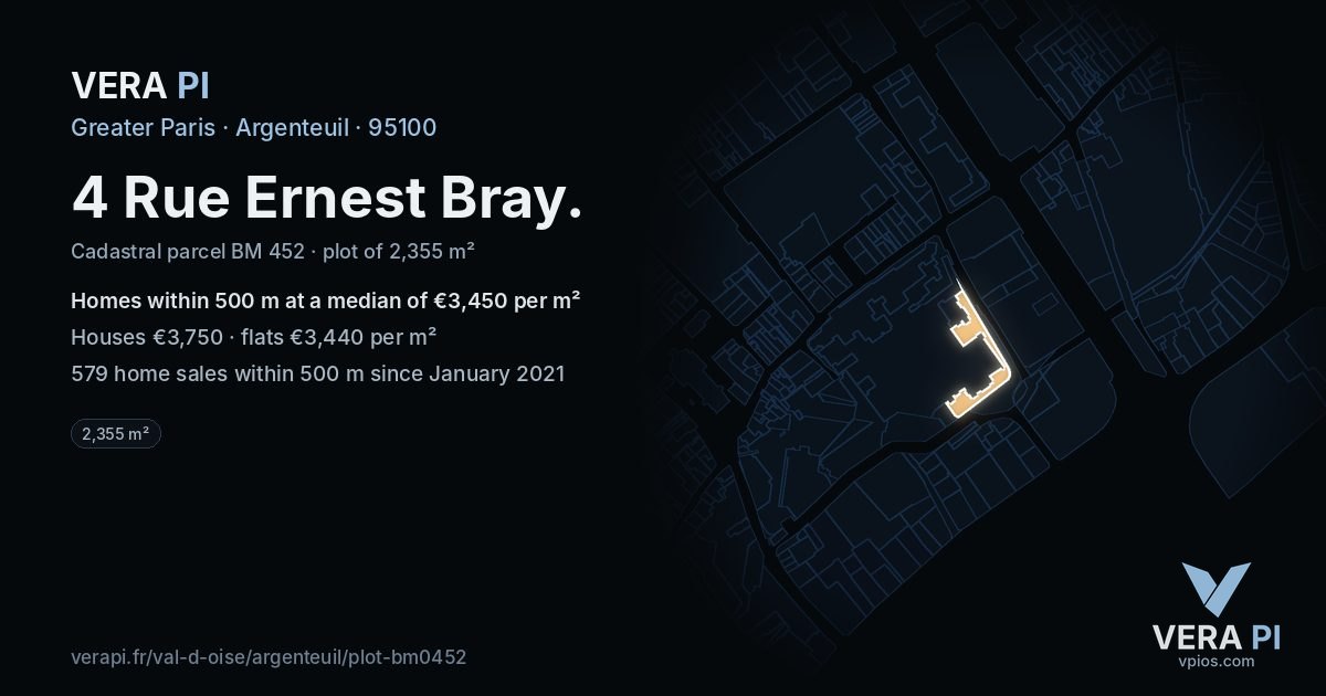 4 Rue Ernest Bray, Argenteuil at night – the plot lit, the parcels around coloured by the prices near them