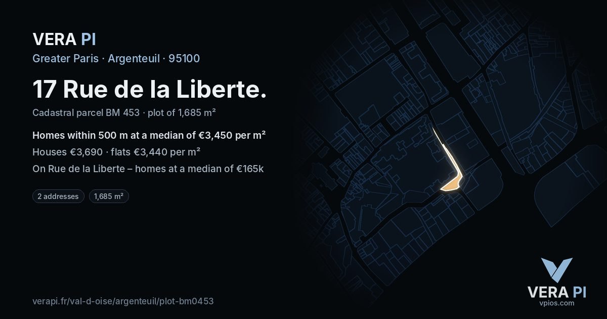 17 Rue de la Liberte, Argenteuil at night – the plot lit, the parcels around coloured by the prices near them