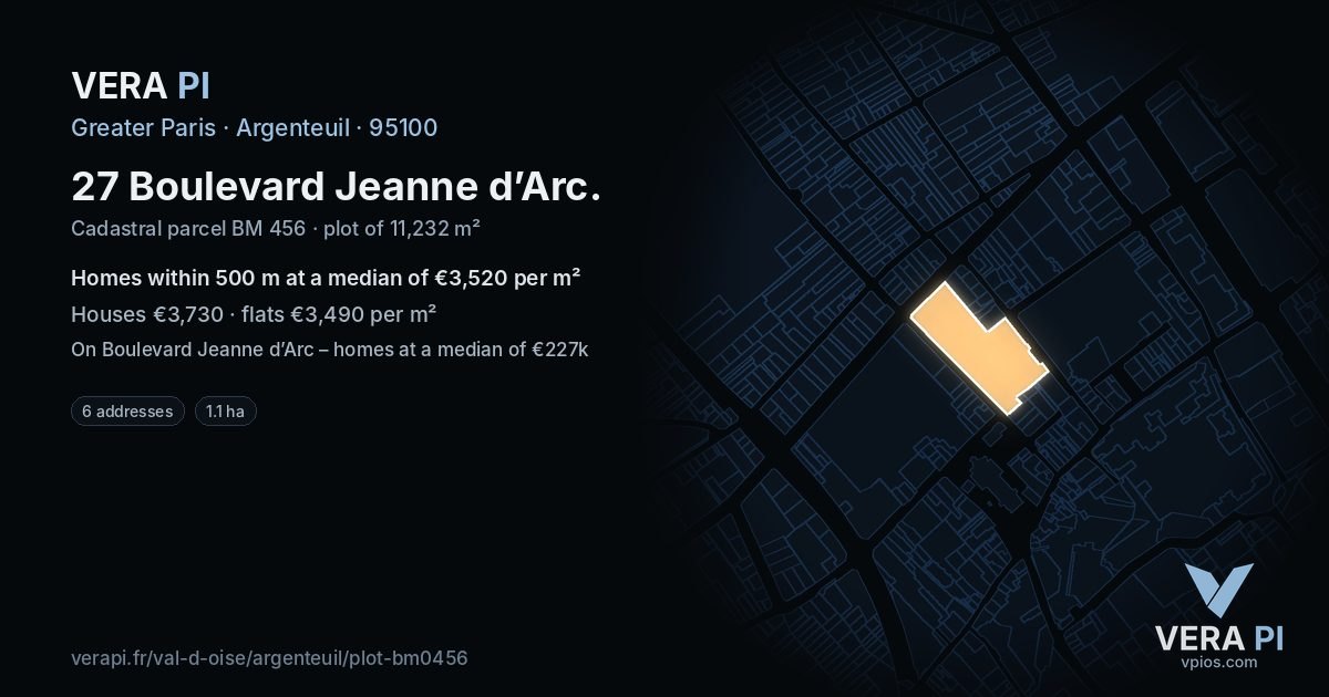 27 Boulevard Jeanne d’Arc, Argenteuil at night – the plot lit, the parcels around coloured by the prices near them