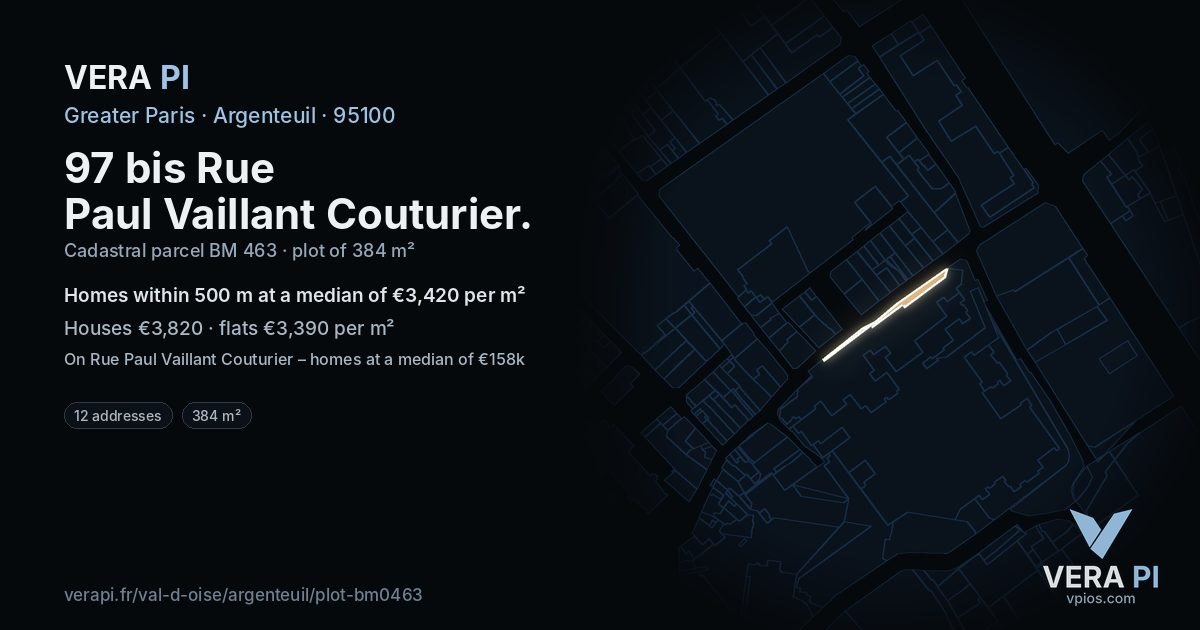 97 bis Rue Paul Vaillant Couturier, Argenteuil at night – the plot lit, the parcels around coloured by the prices near them
