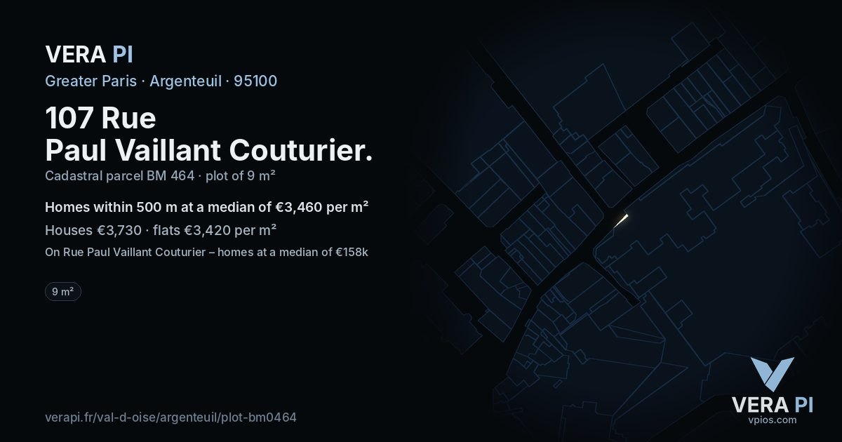 107 Rue Paul Vaillant Couturier, Argenteuil at night – the plot lit, the parcels around coloured by the prices near them