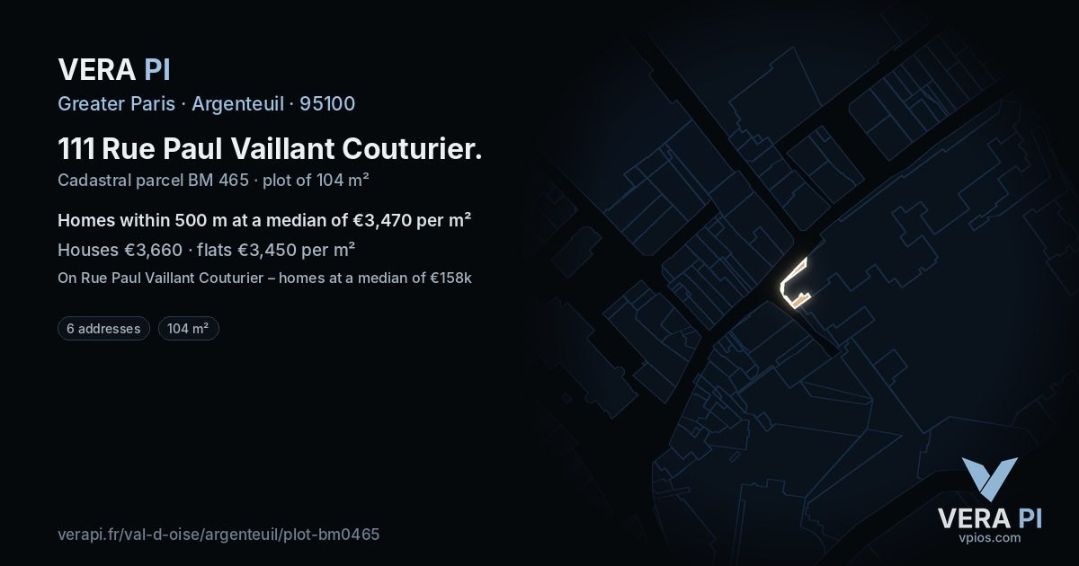 111 Rue Paul Vaillant Couturier, Argenteuil at night – the plot lit, the parcels around coloured by the prices near them