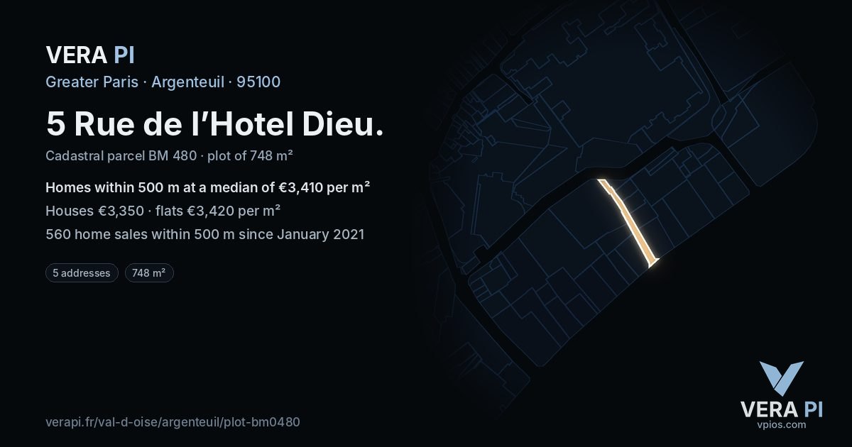 5 Rue de l’Hotel Dieu, Argenteuil at night – the plot lit, the parcels around coloured by the prices near them