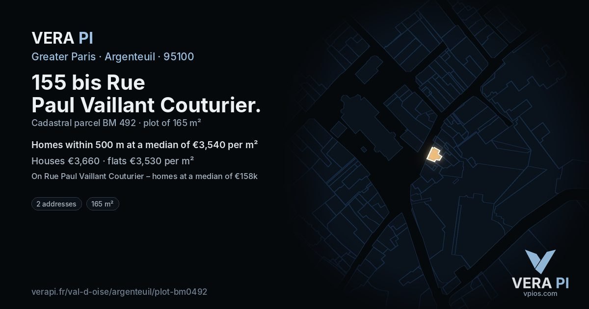 155 bis Rue Paul Vaillant Couturier, Argenteuil at night – the plot lit, the parcels around coloured by the prices near them