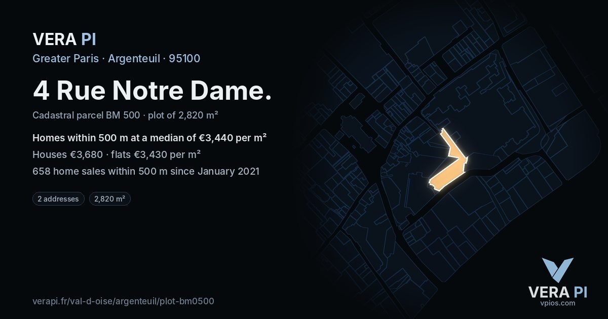 4 Rue Notre Dame, Argenteuil at night – the plot lit, the parcels around coloured by the prices near them