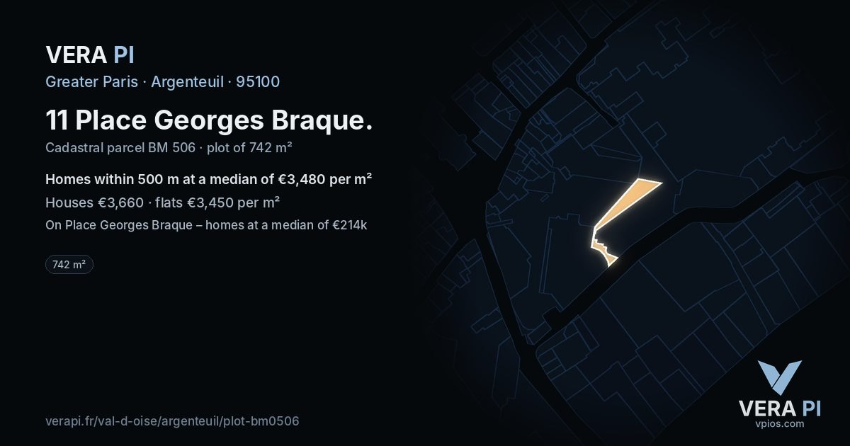 11 Place Georges Braque, Argenteuil at night – the plot lit, the parcels around coloured by the prices near them