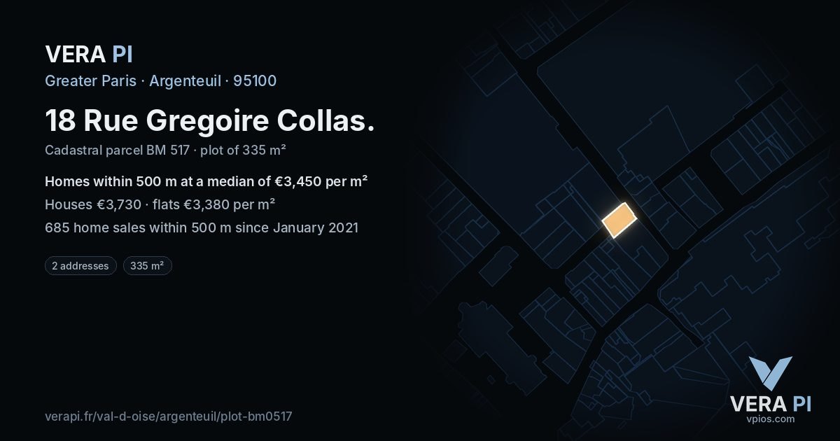 18 Rue Gregoire Collas, Argenteuil at night – the plot lit, the parcels around coloured by the prices near them