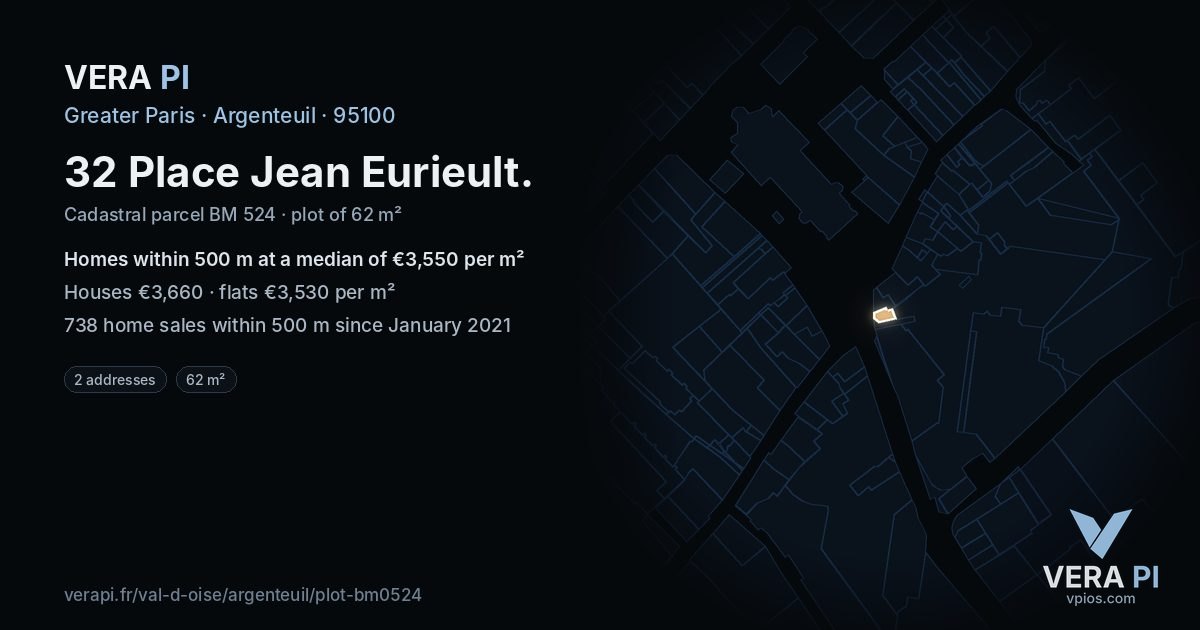 32 Place Jean Eurieult, Argenteuil at night – the plot lit, the parcels around coloured by the prices near them