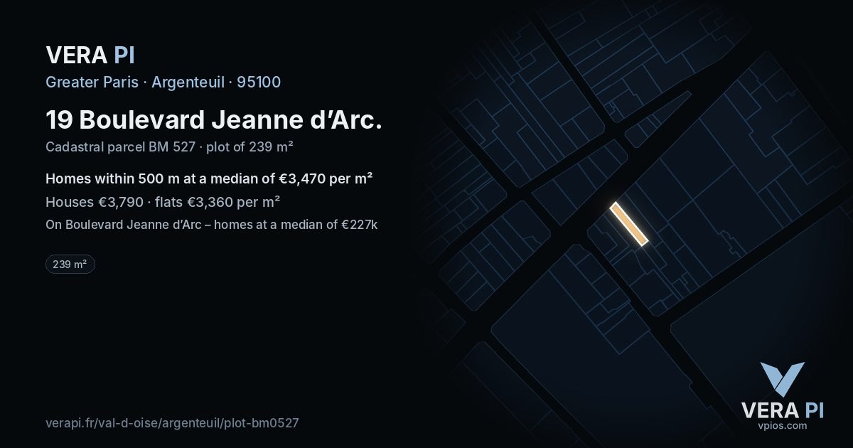 19 Boulevard Jeanne d’Arc, Argenteuil at night – the plot lit, the parcels around coloured by the prices near them