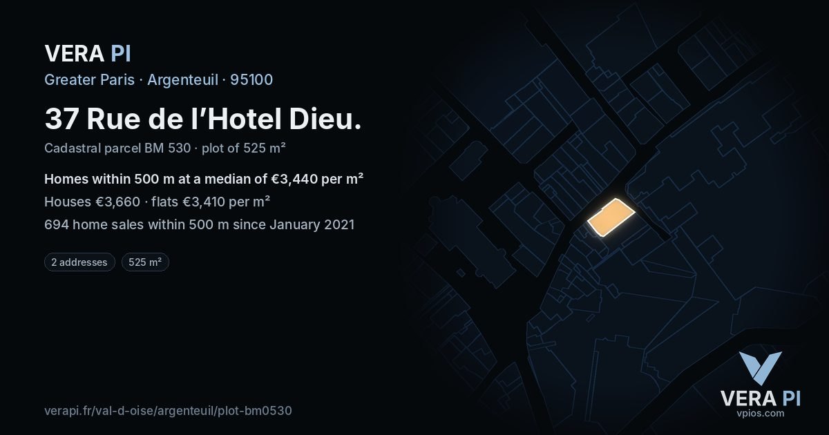 37 Rue de l’Hotel Dieu, Argenteuil at night – the plot lit, the parcels around coloured by the prices near them
