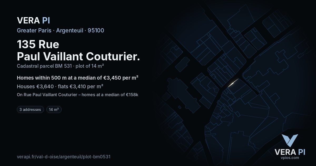 135 Rue Paul Vaillant Couturier, Argenteuil at night – the plot lit, the parcels around coloured by the prices near them