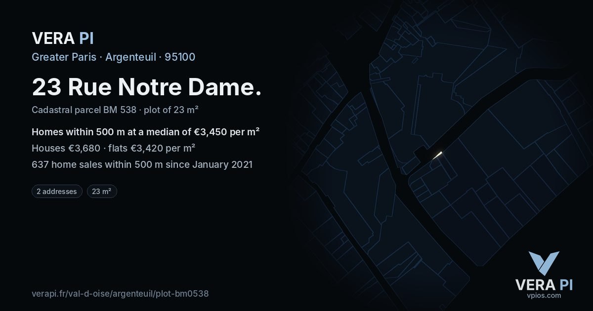23 Rue Notre Dame, Argenteuil at night – the plot lit, the parcels around coloured by the prices near them
