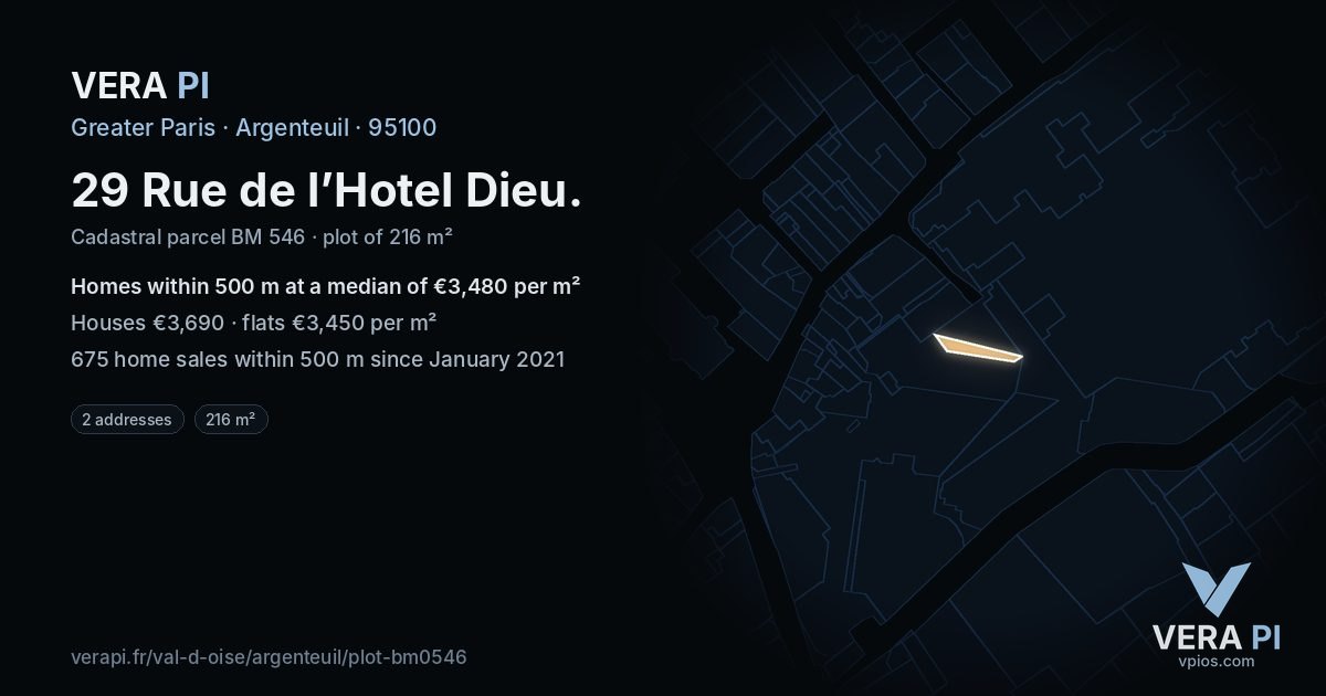 29 Rue de l’Hotel Dieu, Argenteuil at night – the plot lit, the parcels around coloured by the prices near them