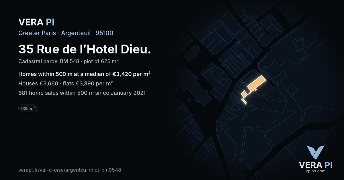 35 Rue de l’Hotel Dieu, Argenteuil at night – the plot lit, the parcels around coloured by the prices near them