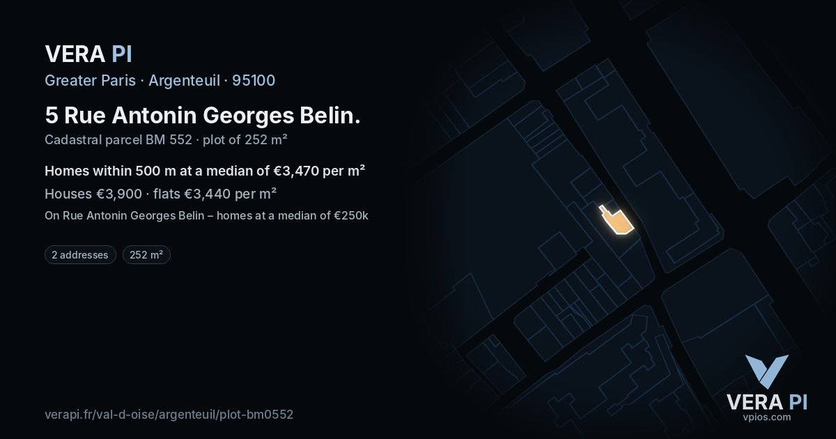 5 Rue Antonin Georges Belin, Argenteuil at night – the plot lit, the parcels around coloured by the prices near them